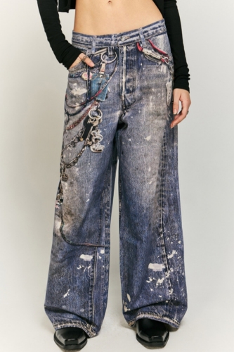 Multicolor Casual Print Patchwork Keychain Decor Mid Waist Straight Leg Denim Jeans