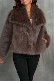 Apricot Faux Fur Casual Solid Color Cardigan Turndown Collar Winter Coats