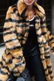 Faux Fur Casual Tiger Stripes Cardigan Turndown Collar Long Sleeve Fall Winter Long Cardigan Coats Outerwear