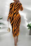 Orange Black Graphic Print O Neck Long Sleeve Ankle Length Casual Outing Bodycon Pencil Midi Dress
