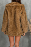 White Faux Fur Casual Pocket Cardigan Turndown Collar Long Sleeve Fall Winter Outerwear Coats