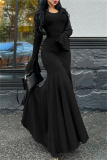 Khaki O Neck Flare Sleeve Floor Length Pleated Hem Formal Holiday Party Bodycon Ribbed Maxi Dress