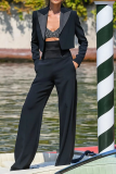 Black Office Lady Casual Pocket Turn-back Collar Long Sleeve Blazer and Wide Leg Pants Two Pieces Suit Sets