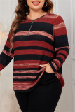 Brick Red V Neck Long Sleeve Striped Shirt Plue Size Blouse Women Fall Winter Pullover Top