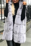 Black Faux Fur Casual Cardigan Hooded Sleeveless Fall Winter Long Vest Outerwear Waistcoat