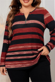 Brick Red V Neck Long Sleeve Striped Shirt Plue Size Blouse Women Fall Winter Pullover Top