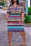 Blue Striped V Neck Short Sleeve Casual Outing Straight Loose Midi Dress with Pocket