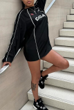 Black Letters Print O Neck Long Sleeve Straight Loose Fall Winter Casual Outing Sweatshirt Mini Dress