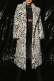 White Brown Faux Fox Fur Casual Leopard Cardigan Lapel Turndown Collar Fall Winter Long Outerwear Coats