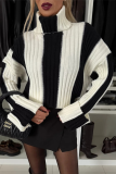 Black White Loose Casual Stripe Weave Contrast Turtleneck Long Sleeve Fall Winter Sweater Tops