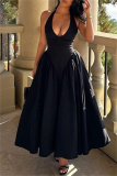 Black Sleeveless Backless Lace Up Pleated Hem Casual Outing Vacation Birthday Party Halter Maxi Dress