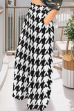 Brown Casual Houndstooth Leopard Print Flowers Stripe Pocket Contrast Loose High Waist Wide Leg Bottoms Pants