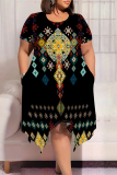 Black National Totem Print O Neck Short Sleeve Pocket Irregular Hem Plus Size Straight Loose Midi Dress