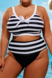 Black Sleeveless Backless Striped Cami Crop Top and Shorts Vacation Beach Spaghetti Strap Plus Size Swimwear