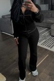 Black Waffle Casual Draw String Zipper Collar Long Sleeve Jacket and Flare Leg Sweatpants Two Pieces Sweatsuits Sets