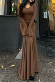 Khaki O Neck Flare Sleeve Floor Length Pleated Hem Formal Holiday Party Bodycon Ribbed Maxi Dress