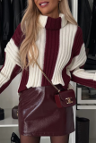 Black White Loose Casual Stripe Weave Contrast Turtleneck Long Sleeve Fall Winter Sweater Tops