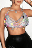 Silver Bodycon Sexy Nightclub Lace up Party Hot Chains Backless Halter Bikini Cami Tops