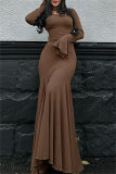 Khaki O Neck Flare Sleeve Floor Length Pleated Hem Formal Holiday Party Bodycon Ribbed Maxi Dress