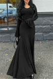 Khaki O Neck Flare Sleeve Floor Length Pleated Hem Formal Holiday Party Bodycon Ribbed Maxi Dress
