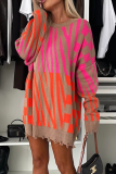 Rose Red Loose Casual Stripe Irregular Weave Contrast Round Neck Long Sleeve Fall Winter Long Sweater Tops