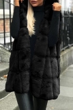 Black Faux Fur Casual Cardigan Hooded Sleeveless Fall Winter Long Vest Outerwear Waistcoat