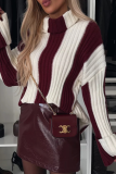 Black White Loose Casual Stripe Weave Contrast Turtleneck Long Sleeve Fall Winter Sweater Tops