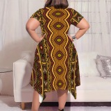 Black National Totem Print O Neck Short Sleeve Pocket Irregular Hem Plus Size Straight Loose Midi Dress