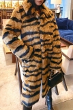 Faux Fur Casual Tiger Stripes Cardigan Turndown Collar Long Sleeve Fall Winter Long Cardigan Coats Outerwear