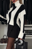 Black White Loose Casual Stripe Weave Contrast Turtleneck Long Sleeve Fall Winter Sweater Tops