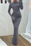 Grey O Neck Flare Sleeve Ruched Evening Party Bodycon Maxi Dress