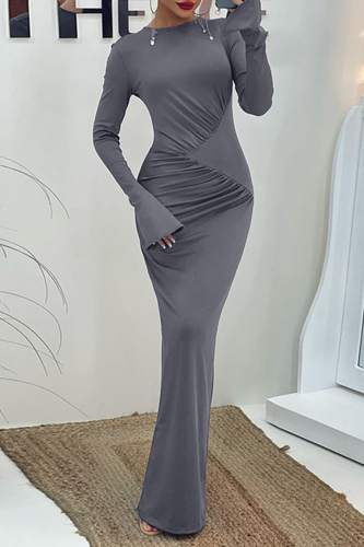 Grey O Neck Flare Sleeve Ruched Evening Party Bodycon Maxi Dress