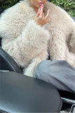 Apricot Faux Fur Casual Solid Color Cardigan Turndown Collar Winter Coats
