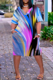 Blue Striped V Neck Short Sleeve Casual Outing Straight Loose Midi Dress with Pocket