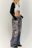 Multicolor Casual Print Patchwork Keychain Decor Mid Waist Straight Leg Denim Jeans