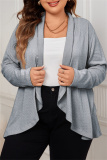 Grey Long Sleeve Ribbed Knit Cardigan Fall Winter Plus Size Overcoat Womens Shirt