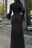 Khaki O Neck Flare Sleeve Floor Length Pleated Hem Formal Holiday Party Bodycon Ribbed Maxi Dress