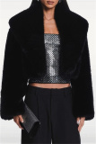 Black Faux Fur Casual Cardigan Lapel Turndown Collar Long Sleeve Fall Winter Short Coats Outerwear