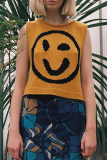 Yellow Casual Smiley Face Weave Contrast Round Neck Sleeveless Knitted Tank Tops Vest