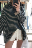 Blue Loose Casual Deer Plush Stripe Contrast Turtleneck Long Sleeve Fall Winter Tops Sweater Blouses