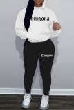 White Blue Sportwear Letter Print Hooded Long Sleeve Sweatshirt and Sweatpants Fall Winter Two Pieces Sweatsuits Sets