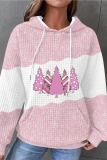 Dark Pink Casual Christmas Tree Print Contrast Draw String Hooded Collar Long Sleeve Fall Winter Sweatshirts Tops