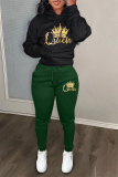 Black Green Sportwear Casual Letter Print Hooded Long Sleeve Sweatshirt and Sweatpants Fall Winter Two Pieces Sweatsuits Sets