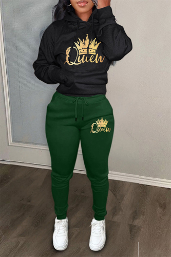 Black Green Sportwear Casual Letter Print Hooded Long Sleeve Sweatshirt and Sweatpants Fall Winter Two Pieces Sweatsuits Sets