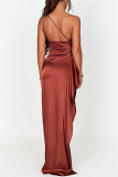 Apricot Sleeveless Backless One-Shoulder Ruched Waist High Thigh Slit Evening Party Bodycon Satin Maxi Dress
