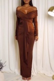 Brown Off-Shoulder Long Sleeve Draped Front Tie Ruched Bodice Evening Party Bodycon Maxi Dress