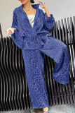 Black Casual Leopard Draw String Zipper Turndown Collar Long Sleeve Jacket and Wide Leg Pants Two Pieces Sets