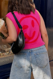 Yellow Casual Smiley Face Weave Contrast Round Neck Sleeveless Knitted Tank Tops Vest