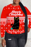 Red White Christmas Casual Animal Letter Print Draw String Hooded Collar Long Sleeve Fall Winter Sweatshirts Tops