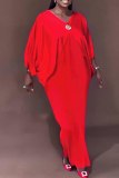 Red Deep V with Brooch Decor Batwing Sleeve Evening Wear Straight Loose Flowy Kaftan Maxi Dress